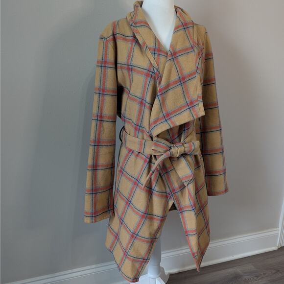 36 Point 5 Plaid Mustard Tan Lightweight Unlined Asymmetrical Coat Size Medium - Picture 2 of 8